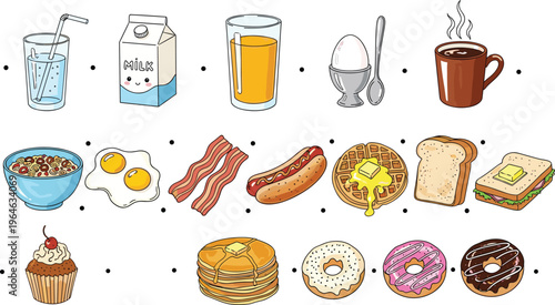Breakfast Food Icon Set Featuring Coffee, Milk, Juice, Eggs, Bacon, Pancakes, Donuts, Sandwich, Hot Dog, Waffle, and Bakery Items for Menu Design
