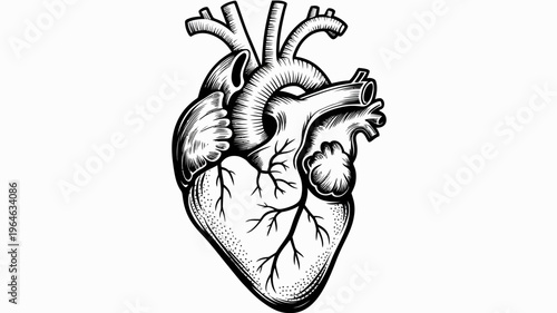 Detailed anatomical illustration of a human heart with visible vessels