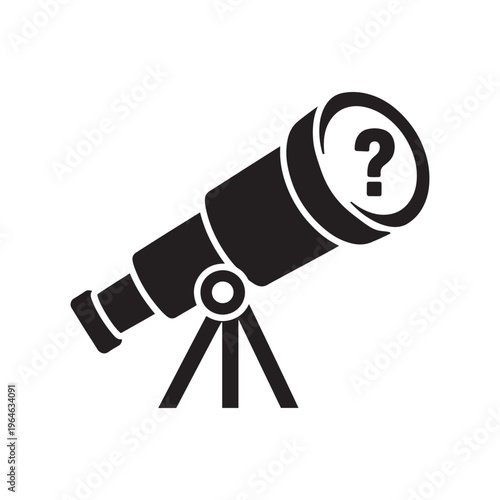 Telescope silhouette with a question mark symbol on the lens, representing exploration and uncertainty, black and white