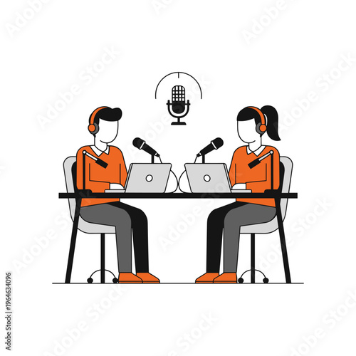 Two people broadcasting a podcast or radio show from a table with microphones and laptops.