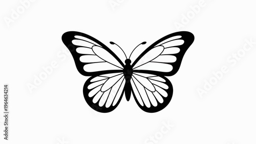 A simple black and white illustration of a butterfly with open wings
