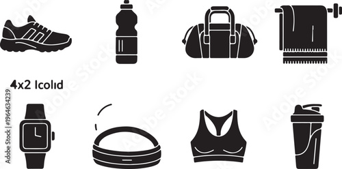 Fitness and gym equipment solid icons set, 8 black vector elements for workout and training, sports gear collection for health and wellness apps isolated PNG with Transparent Background