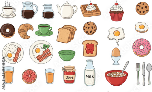 Breakfast Food Illustration Set Featuring Coffee, Croissant, Eggs, Bacon, Toast, Jam, Milk, Cereal, Donut, and Bakery Items for Morning Meal Design