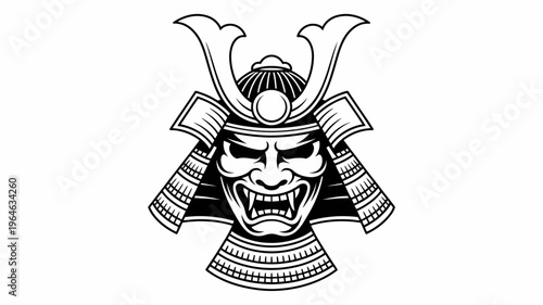 Intense black and white illustration of a traditional samurai helmet design