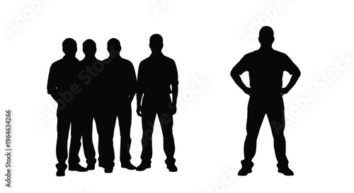 Vector silhouette graphic illustrating a single confident man standing apart from a group of four others