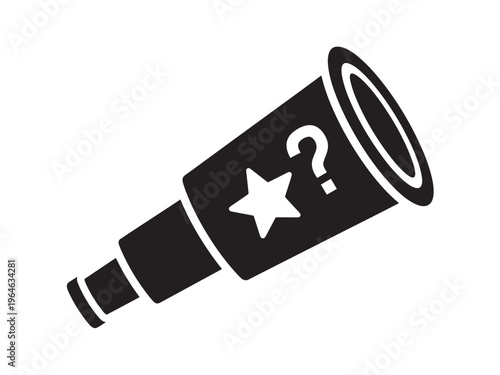 Telescope icon with star and question mark symbolizing discovery and unknown future