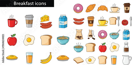 Breakfast Food Icon Set Featuring Coffee, Donuts, Croissants, Eggs, Toast, Milk, Sausage, Fruits, and Morning Meal Elements for Menu and Illustration Design