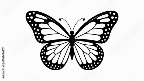 A simple black and white illustration of a butterfly with detailed wings