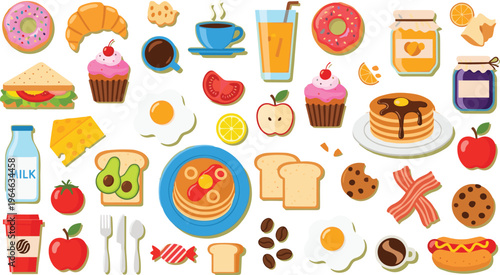 Breakfast Food Icon Set Featuring Pancakes, Donuts, Coffee, Sandwich, Eggs, Fruits, and Bakery Items for Morning Meal Illustrations