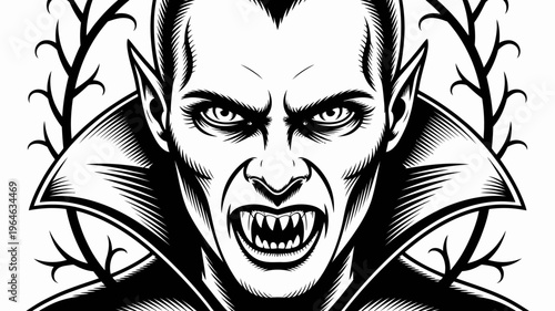 Intense black and white illustration of a menacing vampire with sharp fangs