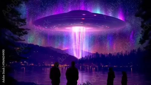 Spectacular cosmic event unfolding above serene lakeside setting with curious observers present at night scenario