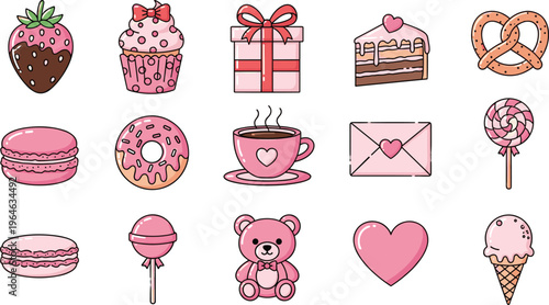 Cute Kawaii Love and Dessert Icon Set Featuring Macaron, Donut, Cupcake, Coffee, Gift Box, Teddy Bear, Heart, and Sweet Treats for Sticker Design