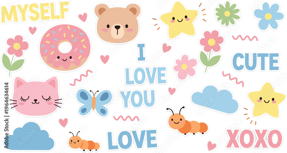 Obraz premium Cute Kawaii Love Sticker Set Featuring Bear, Cat, Donut, Stars, Flowers, Clouds, and Sweet Text Elements for Fun and Greeting Design