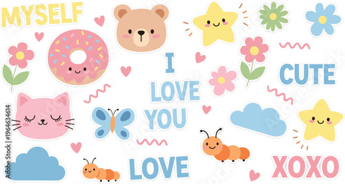 Cute Kawaii Love Sticker Set Featuring Bear, Cat, Donut, Stars, Flowers, Clouds, and Sweet Text Elements for Fun and Greeting Design