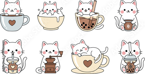 Cute Kawaii Cat Coffee Icon Set Featuring Kitty in Cups, Bubble Tea, Espresso, and Cozy Drink Scenes for Sticker and Cafe Design