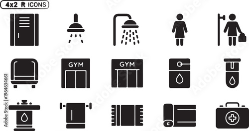 Black gym locker room icons set, fitness changing room symbols, 15 solid vector elements for sports club signage and wayfinding isolated PNG with Transparent Background