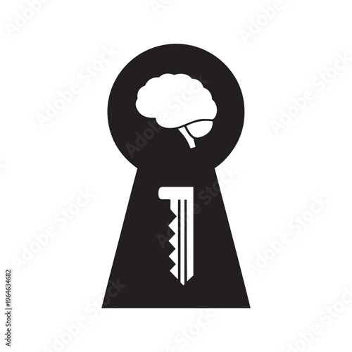 Keyhole silhouette with brain and key - symbolizing knowledge, ideas, and access to intelligence, black and white