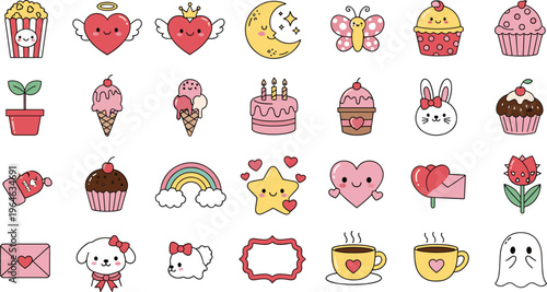 Cute Kawaii Valentine Icon Set Featuring Hearts, Cupcakes, Bunny, Rainbow, Star, Moon, Coffee, Flowers, and Sweet Cartoon Elements for Sticker Design