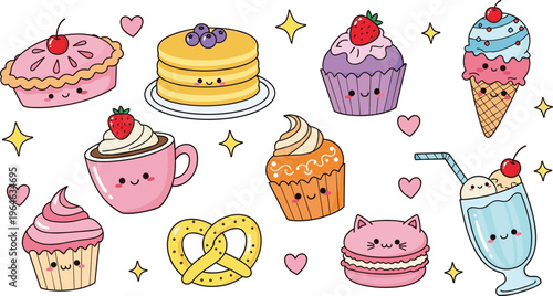 Cute Kawaii Dessert Icon Set Featuring Pancakes, Cupcake, Ice Cream, Donut, Coffee, Pretzel, Milkshake, and Sweet Cartoon Treats for Sticker Design