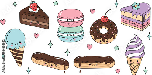 Cute Kawaii Dessert Icon Set Featuring Cake, Macaron, Donut, Eclair, Ice Cream, and Sweet Cartoon Treats for Sticker and Bakery Design