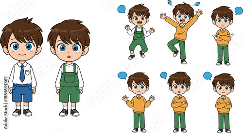 Cartoon Boy Character with Various Expressions, Poses, and Outfits for Fun and Educational Illustrations
