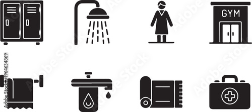 Gym and fitness center facilities icon set, 8 black solid vector symbols for sports club amenities, locker room and shower equipment icons isolated PNG with Transparent Background
