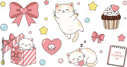 Cute Kawaii Cat Valentine Sticker Set Featuring Gift Box, Hearts, Bow, Cupcake, Stars, and Adorable Kitty Characters for Romantic Design