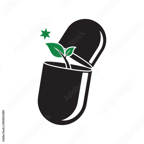 Open capsule with sprouting plant and star, symbolizing natural health and growth