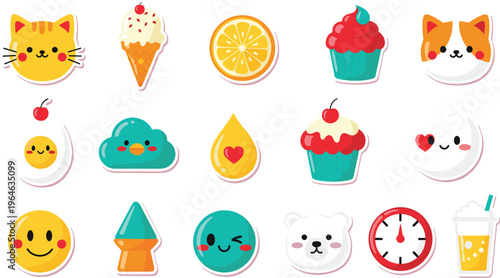 Cute Kawaii Sticker Icon Set Featuring Cat Faces, Cupcake, Ice Cream, Orange, Clock, Bear, Smiley, and Sweet Cartoon Elements for Fun Design