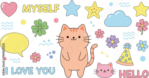 Cute Kawaii Cat Sticker Set Featuring Love Messages, Flowers, Stars, Speech Bubbles, and Pastel Elements for Fun and Greeting Design