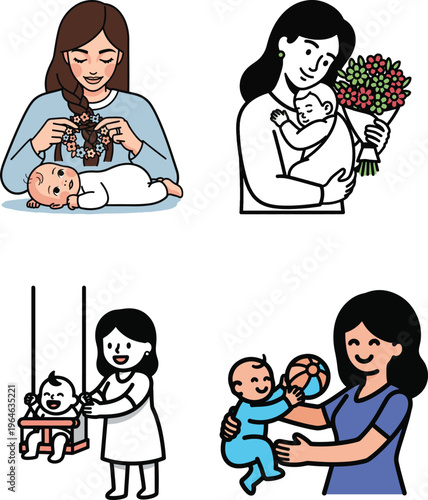 Set of happy mother and child activities featuring flowers and swing play time.