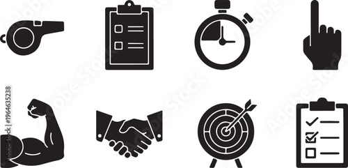 Black solid sports coaching icons, set of 8 vector elements for fitness training, athletic management symbols for gym and competition isolated PNG with Transparent Background