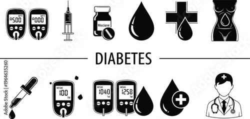 Diabetes medical icon set with blood glucose monitor, insulin syringe, glucose drop, medicine bottle, doctor avatar, and healthcare diagnostic flat vector illustration.