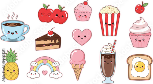 Cute Kawaii Food and Dessert Icon Set Featuring Coffee, Cake, Ice Cream, Popcorn, Cupcake, Pineapple, Toast, and Sweet Characters for Sticker Design