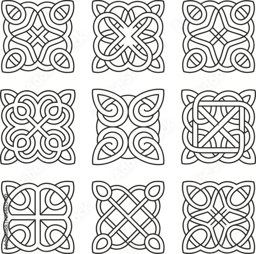 Celtic knot icon set with intricate designs and patterns