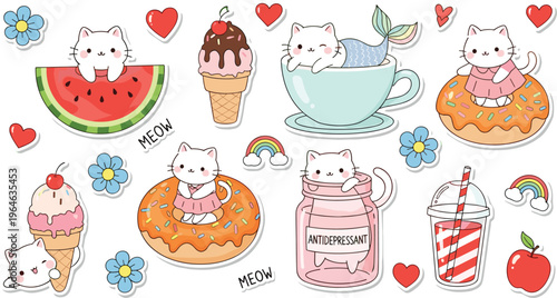 Cute Kawaii Cat and Dessert Icon Set Featuring Donuts, Ice Cream, Cupcake, Coffee, Watermelon, Rainbow, and Sweet Stickers for Fun Design