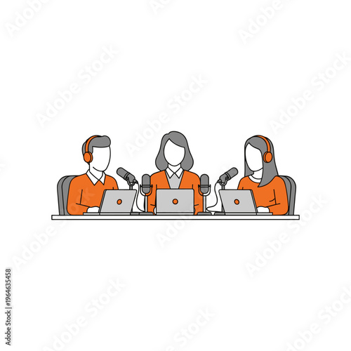 Three podcasters broadcasting a live show with microphones and laptops in studio.