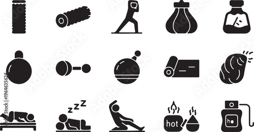 Wellness and spa therapy icons, 15 black solid vector elements for massage and relaxation, professional physical therapy and sauna equipment set isolated PNG with Transparent Background