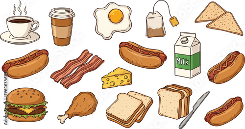 Breakfast and Fast Food Icon Set Featuring Coffee, Eggs, Hot Dog, Bacon, Burger, Bread, Cheese, Milk, Tea, and Meal Items for Menu Design
