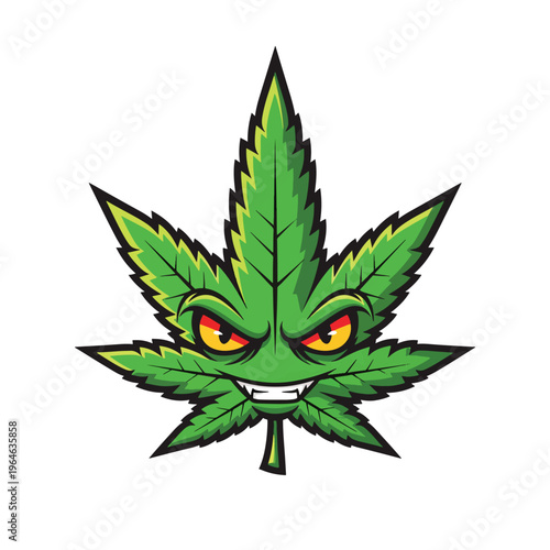 Vector illustration of an angry green plant leaf mascot character with menacing eyes