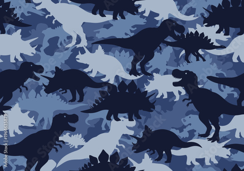 Blue Dinosaur Camouflage Seamless Pattern with T-Rex, Triceratops, and Stegosaurus Silhouettes for Kids Clothing and Nursery Decor