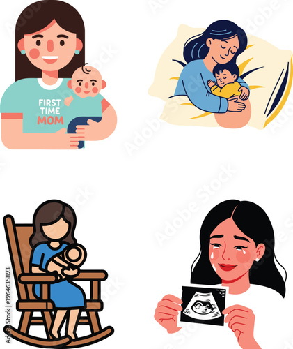Set of illustrations depicting a new mom with her baby in various stages.