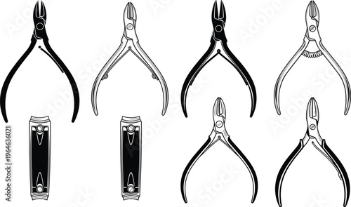 Manicure tool set with nail clippers, cuticle nippers, professional pedicure equipment, steel grooming kit, beauty salon accessories, and personal flat vector illustration.