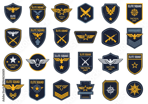 Military Tactical Patches and Elite Squad Badges Collection, Set of 24 Vector Insignia and Emblems with Eagle, Star, and Rifle Symbols for Branding and Apparel