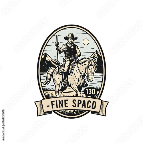 Beautiful Vector Mascot Illustration of Cowboy Riding Horse in Scenic Mountain Landscape