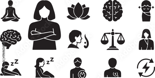 Mental health and wellness icon set, 14 black vector symbols for psychology and mindfulness, meditation and brain health graphics for therapy isolated PNG with Transparent Background