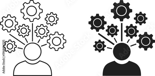 Mental process icon with human head gears, brainstorming concept, creative thinking, problem solving, business management, and industrial intelligence flat vector illustration.