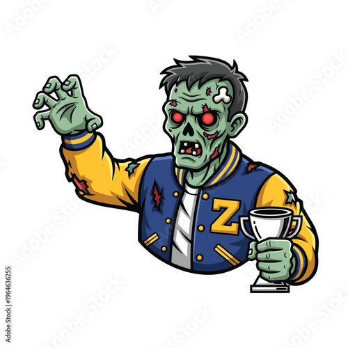 Humorous undead mascot with a bone showing, clutching a silver trophy in a celebratory pose.