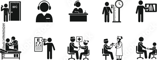 medical, healthcare, icons, hospital, patient, doctor, nurse, examination, checkup, clinic, diagnostics, treatment, consultation, therapy, measurement, xray, vision, assistance, flat, vector