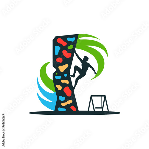 Bouldering climber on wall with swings logo